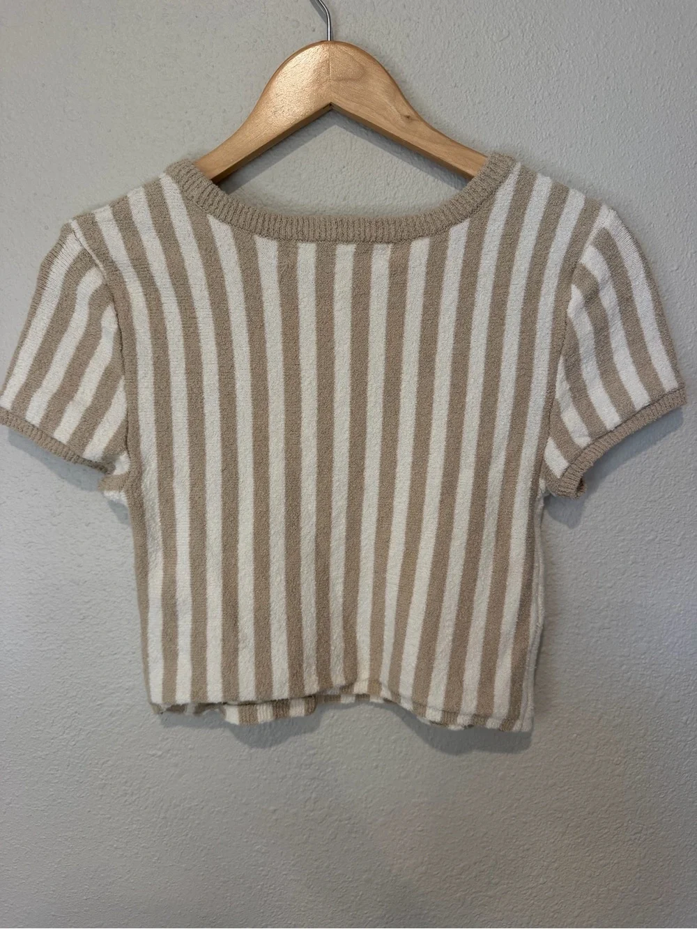 Free People Beach Striped Cream Short-Sleeve Knit Crop Top